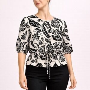 Neutral Linen Blend Floral Blouse (MED) Black Cream Minimalist Peplum Tie Waist